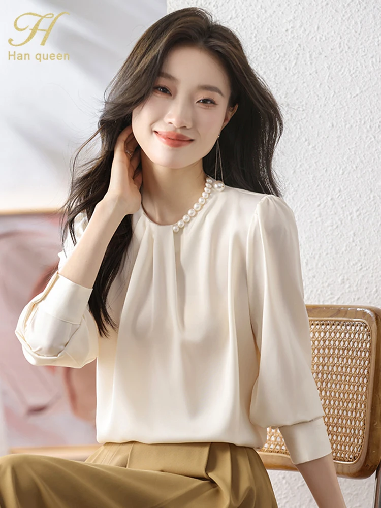 H Han Queen New 2024 Spring Womans Clothing Loose Long Sleeve Chiffon Shirts & Blouses Work Casual Tops Women's Vintage Shirt