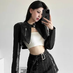 Black Pu Leather Jacket Women Sexy Cropped Harajuku Y2K Biker Riding Suit Tops Slim High Street Racing Zipper Chic Coat