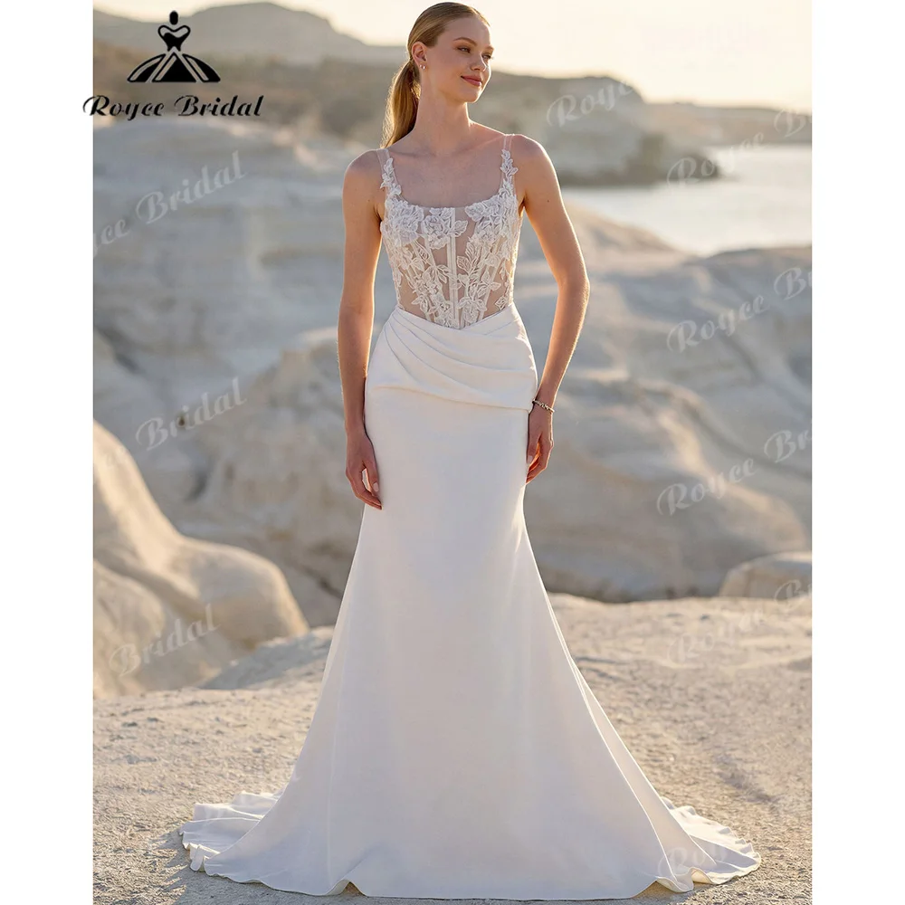 Square Neck 3D Floral Lace Sheer Corset Wedding Dress Draped Ruched Waist Fit And Flare Deep U Open Back Bridal Gown Customized