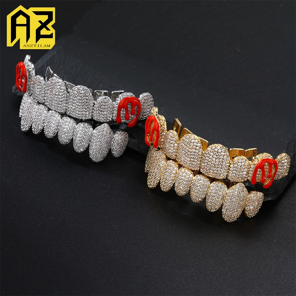 Anztilam Red Oil Grillz Iced Out Grills Tooth Grill Men Women Hip Hop Caps Brass Fashion Jewelry Free Shipping
