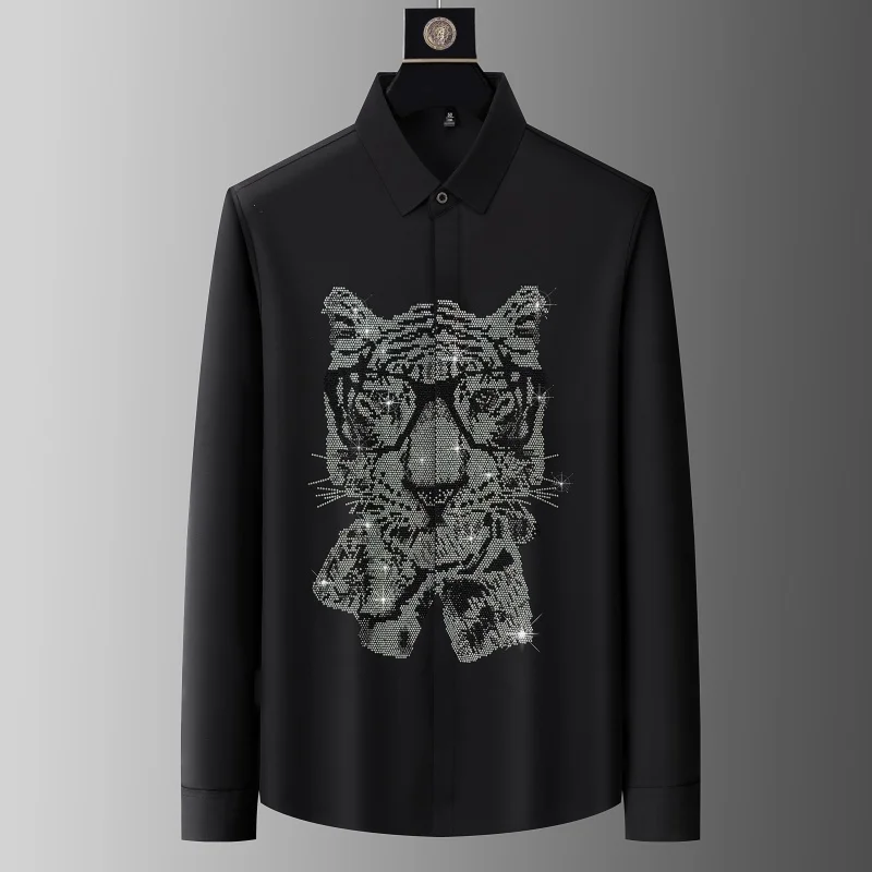 High-End Hotfit Rhinestone Shirts For Men Long Sleeve Easy Care Summer Quality Seamless Elastic Covered Button Camisas De Hombre