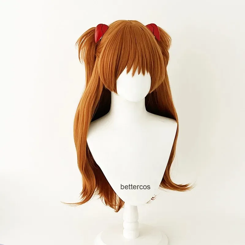 Pelucas de Cosplay EVA Asuka Langley Soryu de alta calidad, largas naranjas con 2 Clips de cola de caballo, peluca de pelo sintético resistente al calor, gorro de peluca