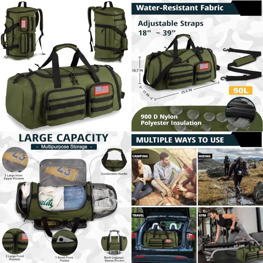 

Tactical Gym Bag for Men 50L 3 in 1 Sports Duffle Bag with Shoes Compartment for Travel, Water Resistant Travel Backpack Weeken