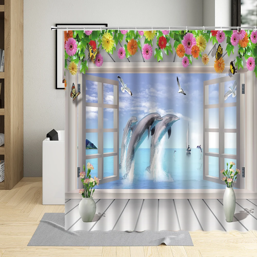 3D Window View Landscape Waterfall Shower Curtain Ocean Scenery Bird Flower Bathroom Curtains Decor Waterproof Fabric With Hooks