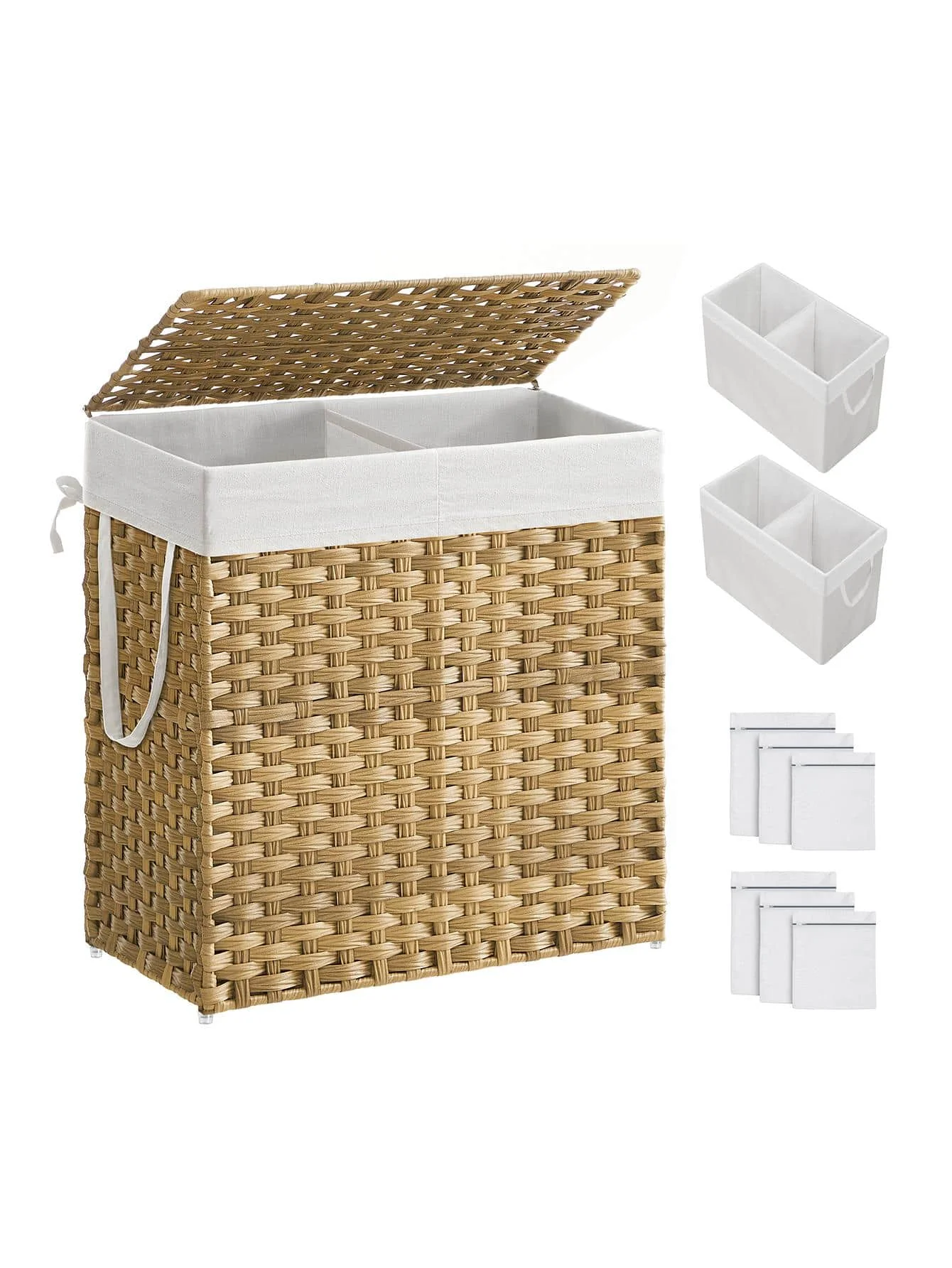 Laundry Hamper With Lid, 110L Clothes Hamper With 2 Removable Liner Bags & 6 Mesh Bags, Wicker Laundry Basket, Double Laundry Hamper For Laundry Room, 13 X 22.4 X 23.6 Inches