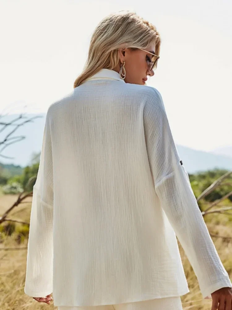 حجم كبير جديد الصيف بلايز عادية زر المرأة رفض طوق كم طويل بلون قمصان بسيطة مكتب سيدة أنيقة Blusas #3