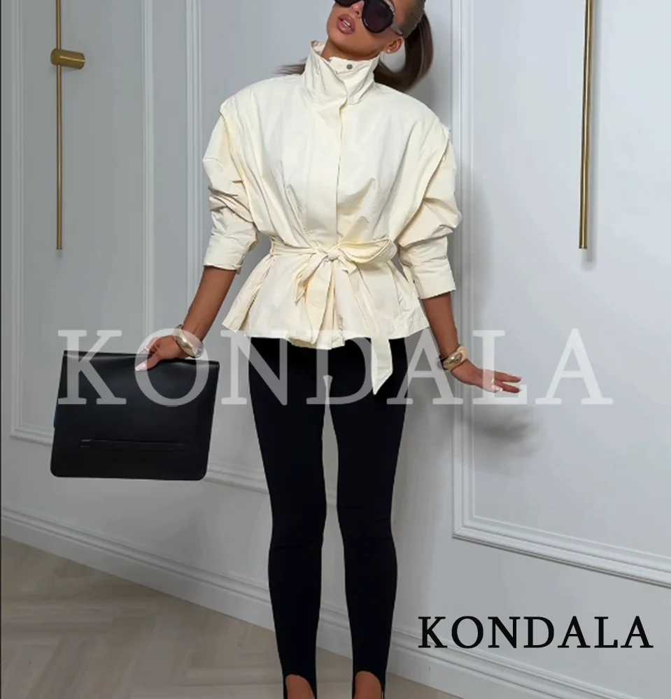 KONDALA Women Chic Minimalist Belt Jacket Commute Elegant Stand-Collar Jacket 2026 Spring Fall Trendy High Street Casual Jacket