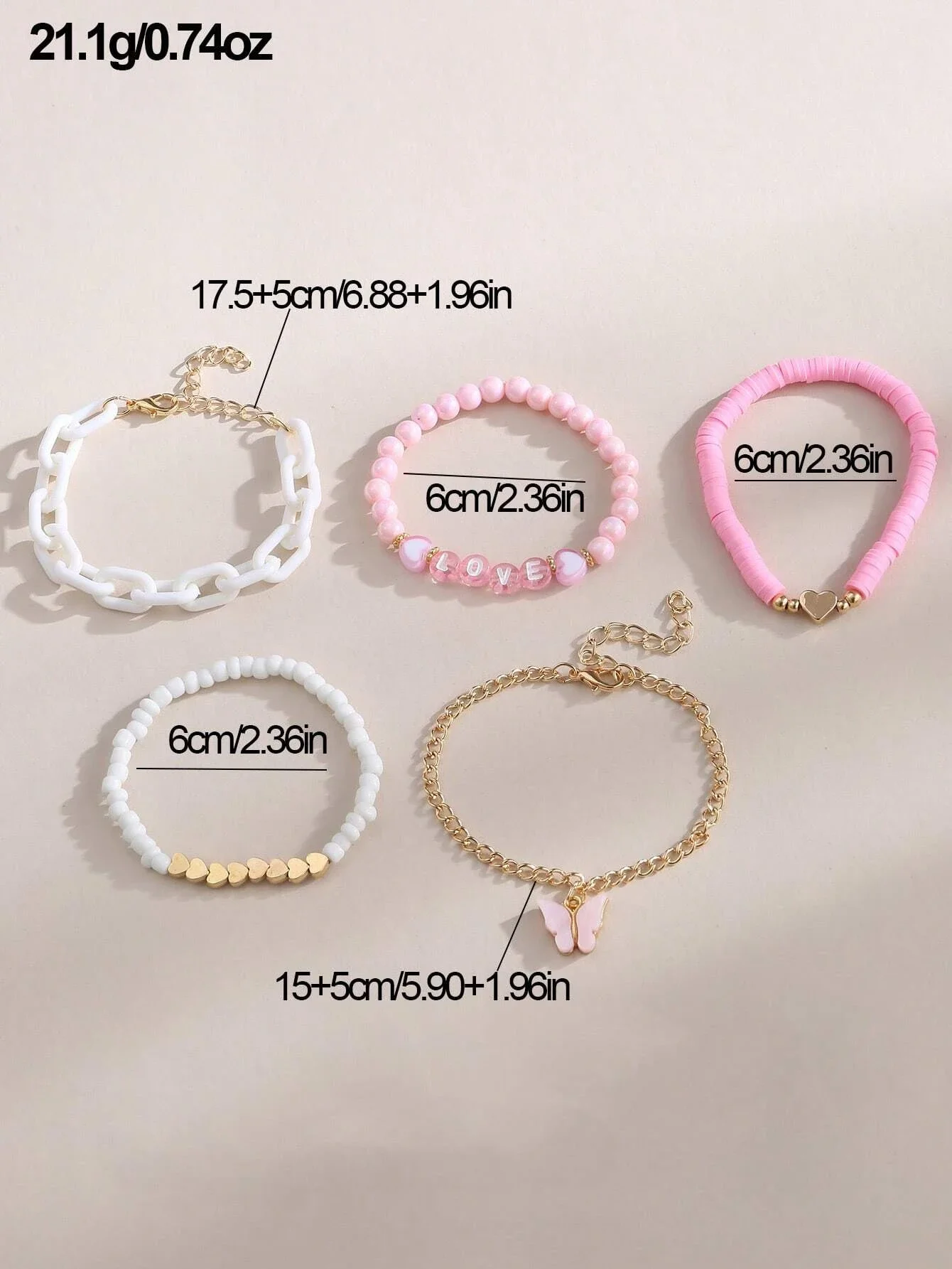 5pcs/Set Pink Style Butterfly & Heart Love Letter Beaded Bracelet Set for Girls Women