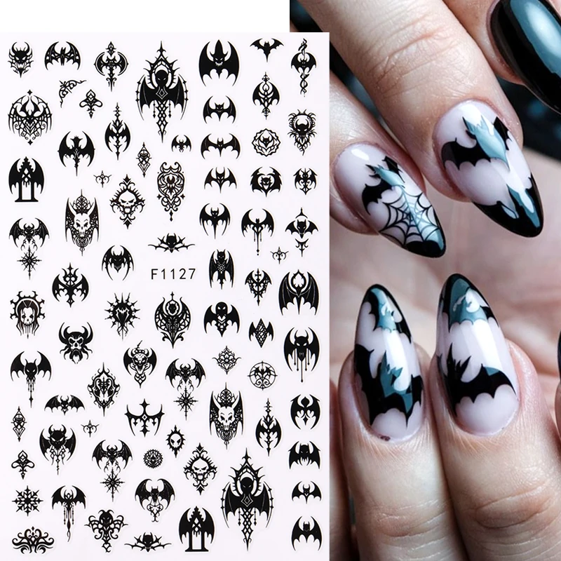Adesivo nero gotico per unghie Disegni eleganti con lacci per matrimonio Spettrale Halloween Pipistrello Teschio Foil adesive Cursori Nail Art Decor