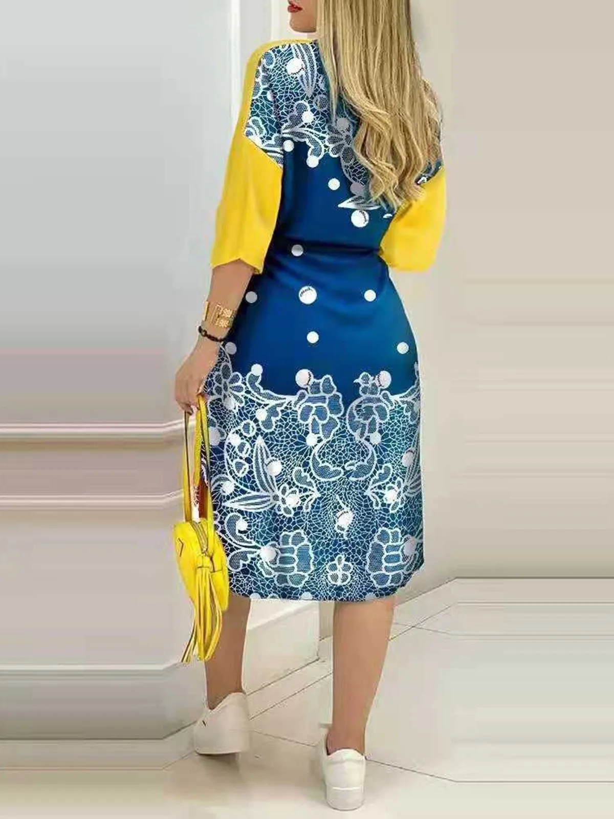 대비색 단추형 여성용 드 스트리트 슬레 미디 스커트 롱 스웨 플로럴 프린트 폴리에스터 원단