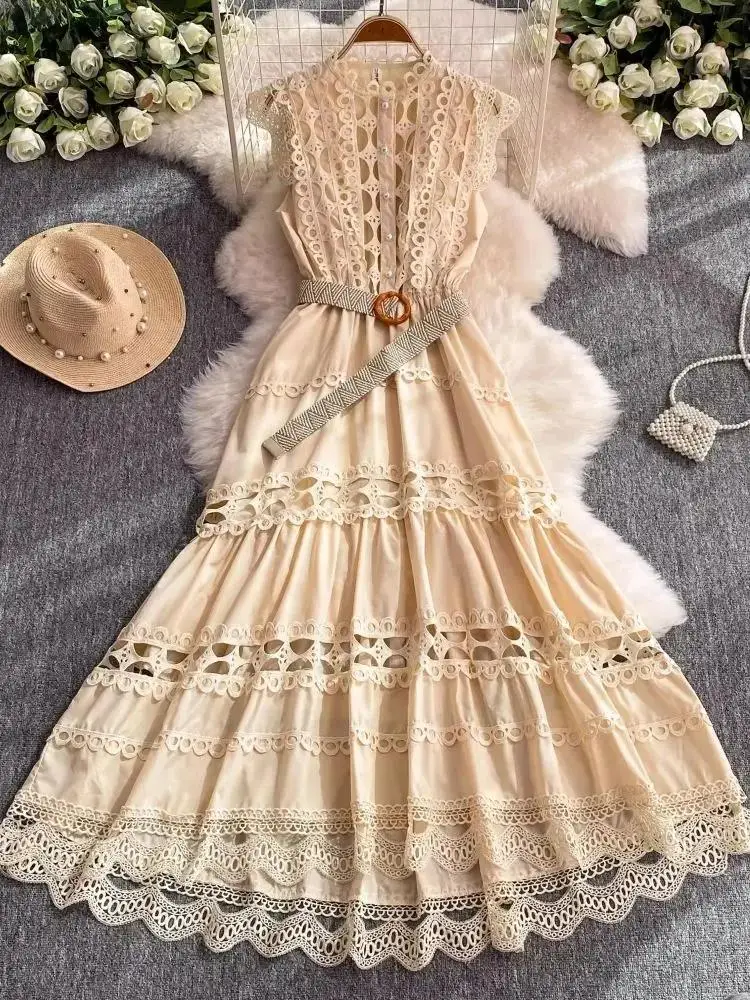 

Summer Elegant Hollow Out Crochet Lace Embroidery Dress Women's Stand Sleeveless Elastic Waist Belt Long Party Robe Vestidos