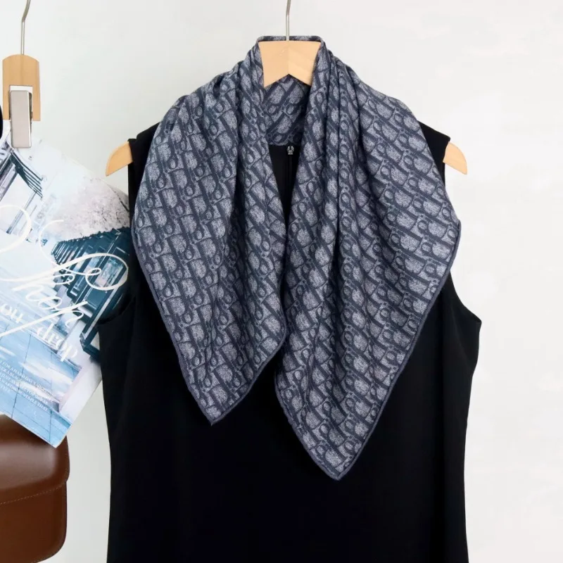 Gray Blue Letter Pattern Double Sided Silk Wool Scarf Old Money Vibe Women Premium Square Stylish Neck Band Ornament