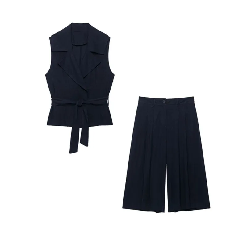 Women's Slim fit Shorts Set Summer Lapel Collar Sleeveless With Belt Tops High-waist Bermuda Shorts Casual Fashion Female