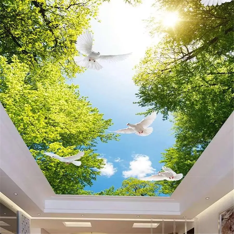 Custom wallpaper 3d blue sky white sky pigeon coconut tree tulip mural ceiling painting TV background wall papel de parede mural