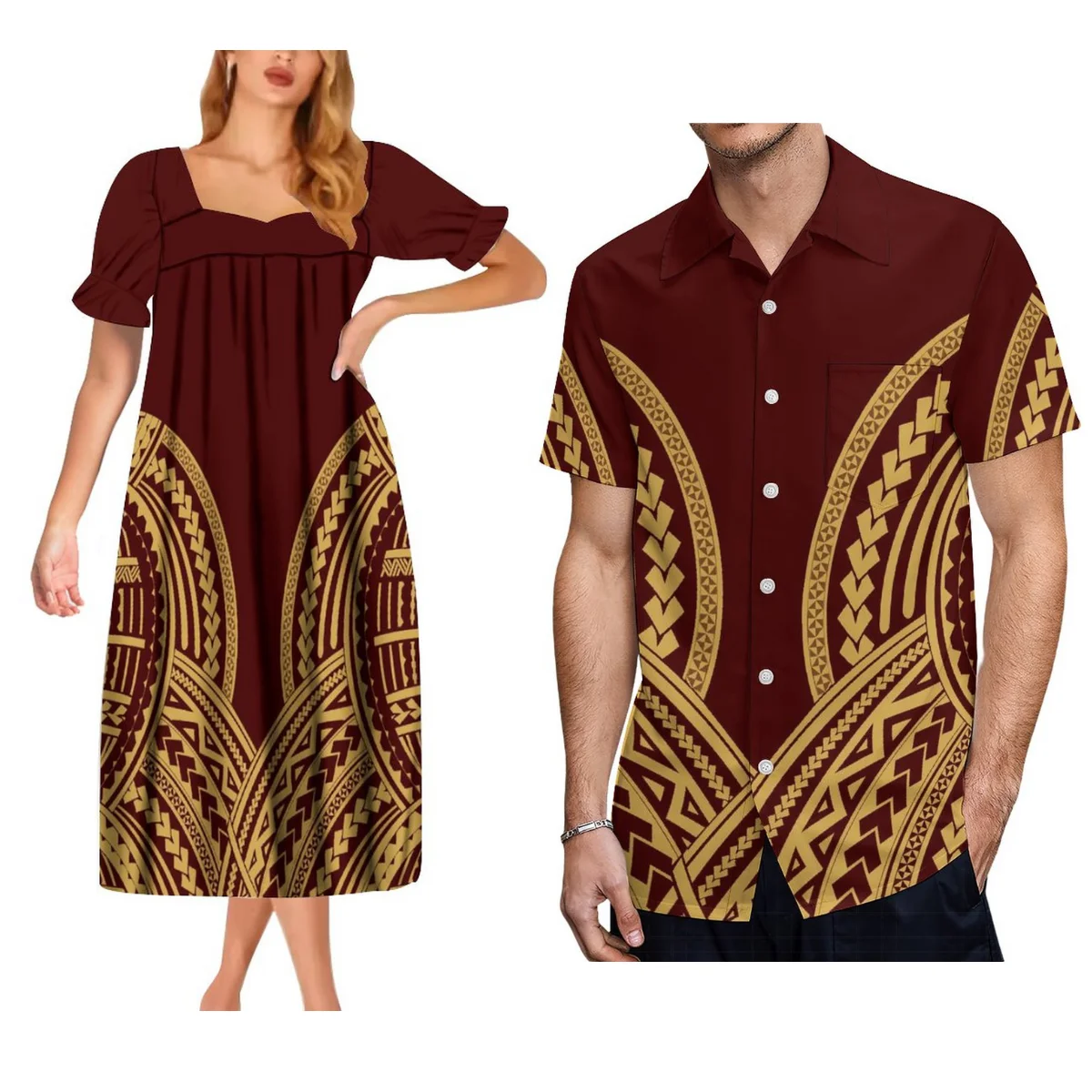 

Women'S Short-Sleeved Dress Polynesian Samoa Tribal Design Print With Summer Men'S Shirt Couple Suit Support Design