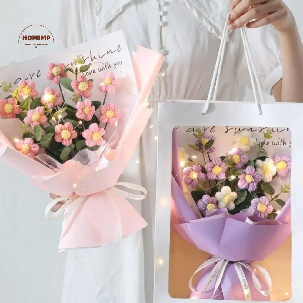 

Korean Style Handwoven Daisy Bouquet Soft Yarn Hand-Knitted Artificial Flower Arrangement Vibrant Color Crochet Daisy Flowers