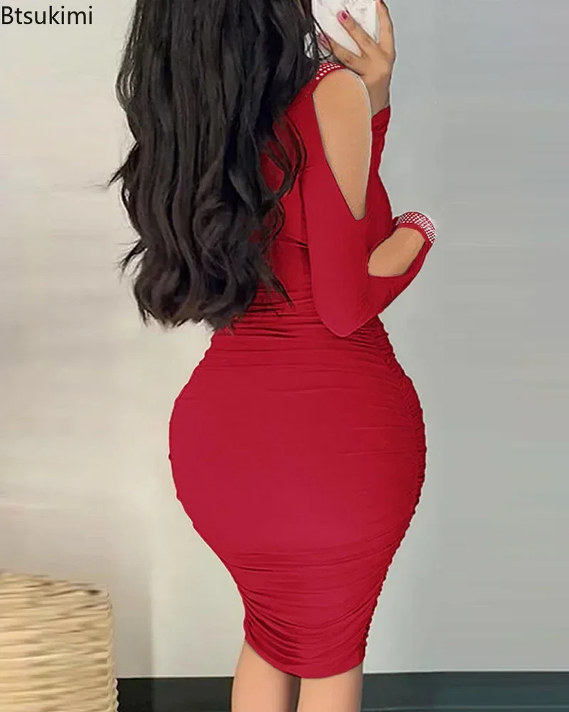 2024Women's Sexy Elegant Off Shoulder Party Tight Dress Red Color V-Neck Hollow Out Diamond Long Sleeve Stacked Slim Dress Women