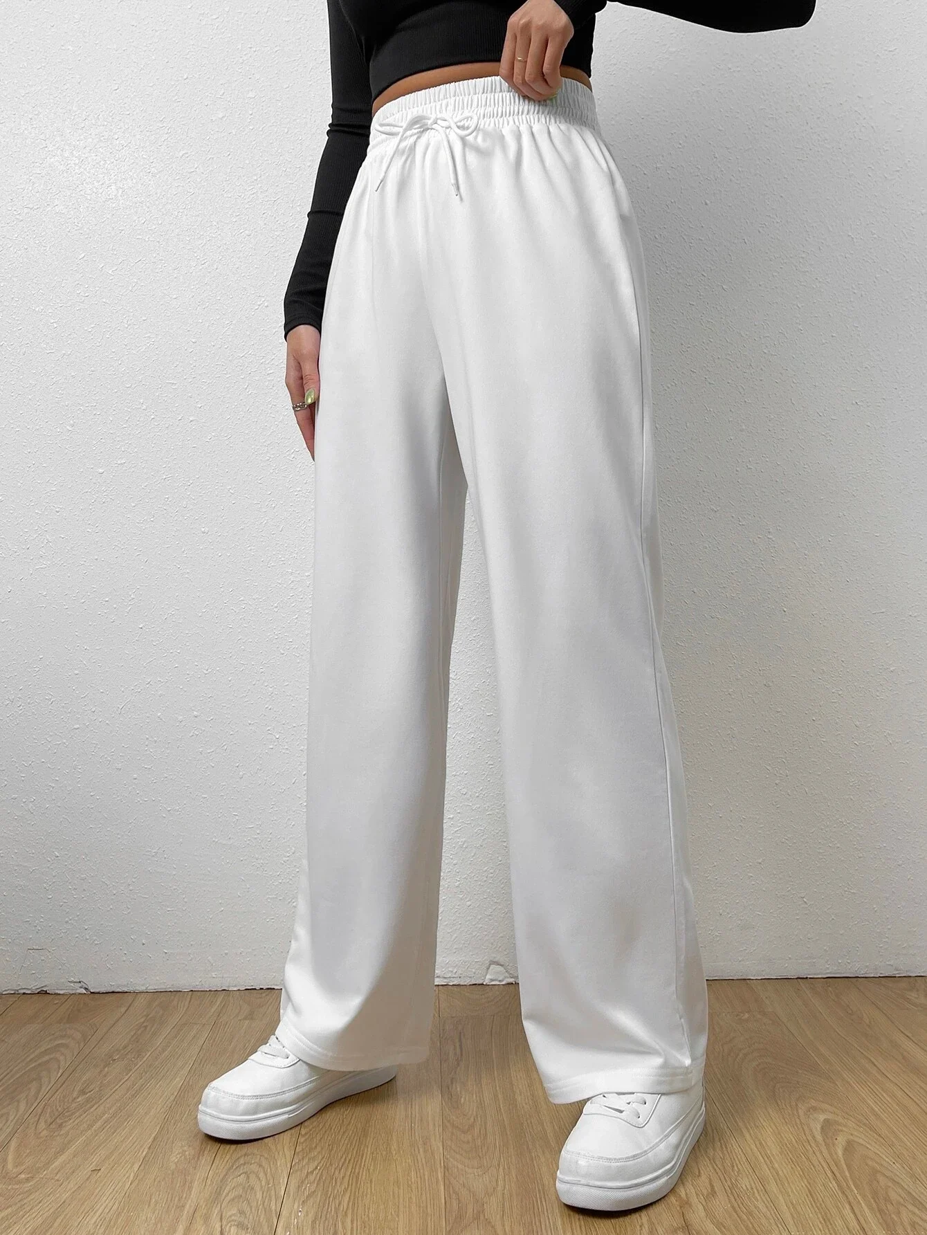 Elastic Waist Tie Front Straight Leg Pants