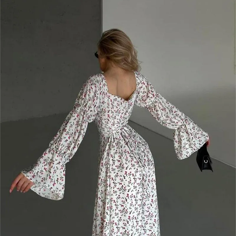 Sexy Slash Neck Floral Print Maxi Dress Women Long Sleeve High Slit Party Vestido 2024 Spring Fall Elegant Night Prom Clothes