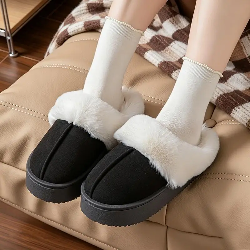 Flauschige Pelz-Mules mit dicker Sohle für Damen, Winter 2026, warme kurze Plüsch-Outdoor-Hausschuhe, Marken-Wildleder-Baumwollschuhe für Damen – Detail 11