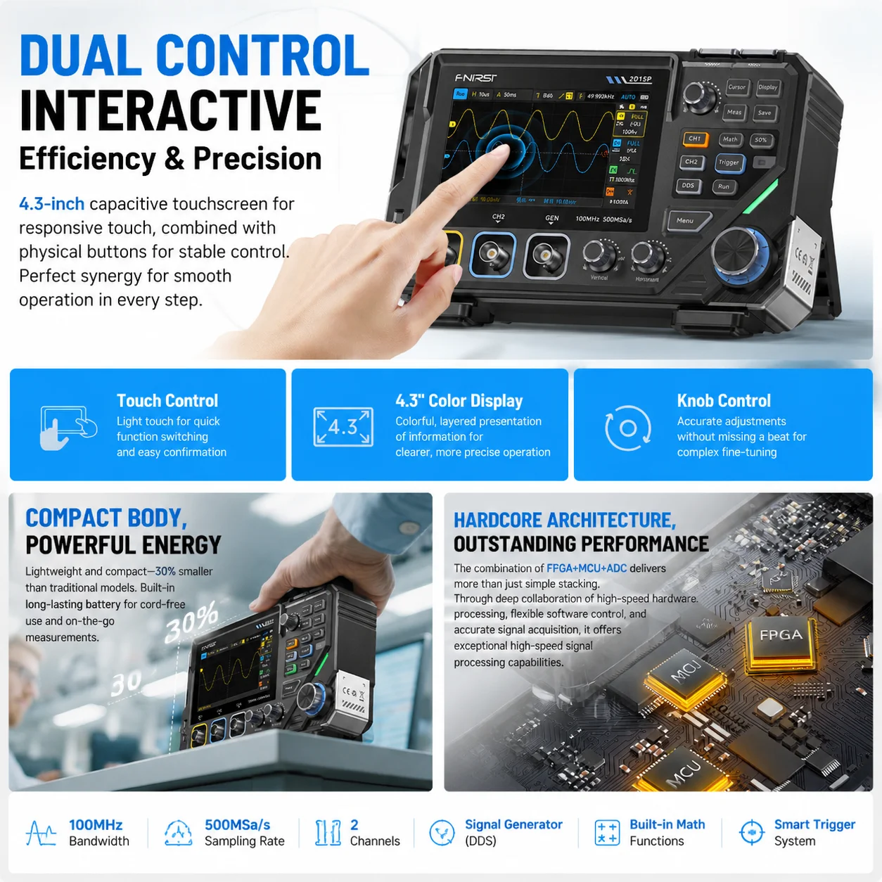 FNIRSI 2D15P 3IN1 Digital Oscilloscope Multimeter Signal Generator 100MHz 500MSa/s 2CH Touch Screen 20000 Counts TRMS Too