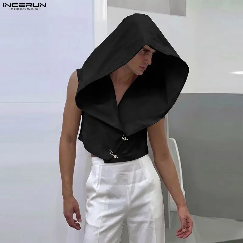 INCERUN Men Tank Tops Solid Hooded Sleeveless Button Male Vests Streetwear Oversize Loose 2026 Fashion Irregular Tops For Man