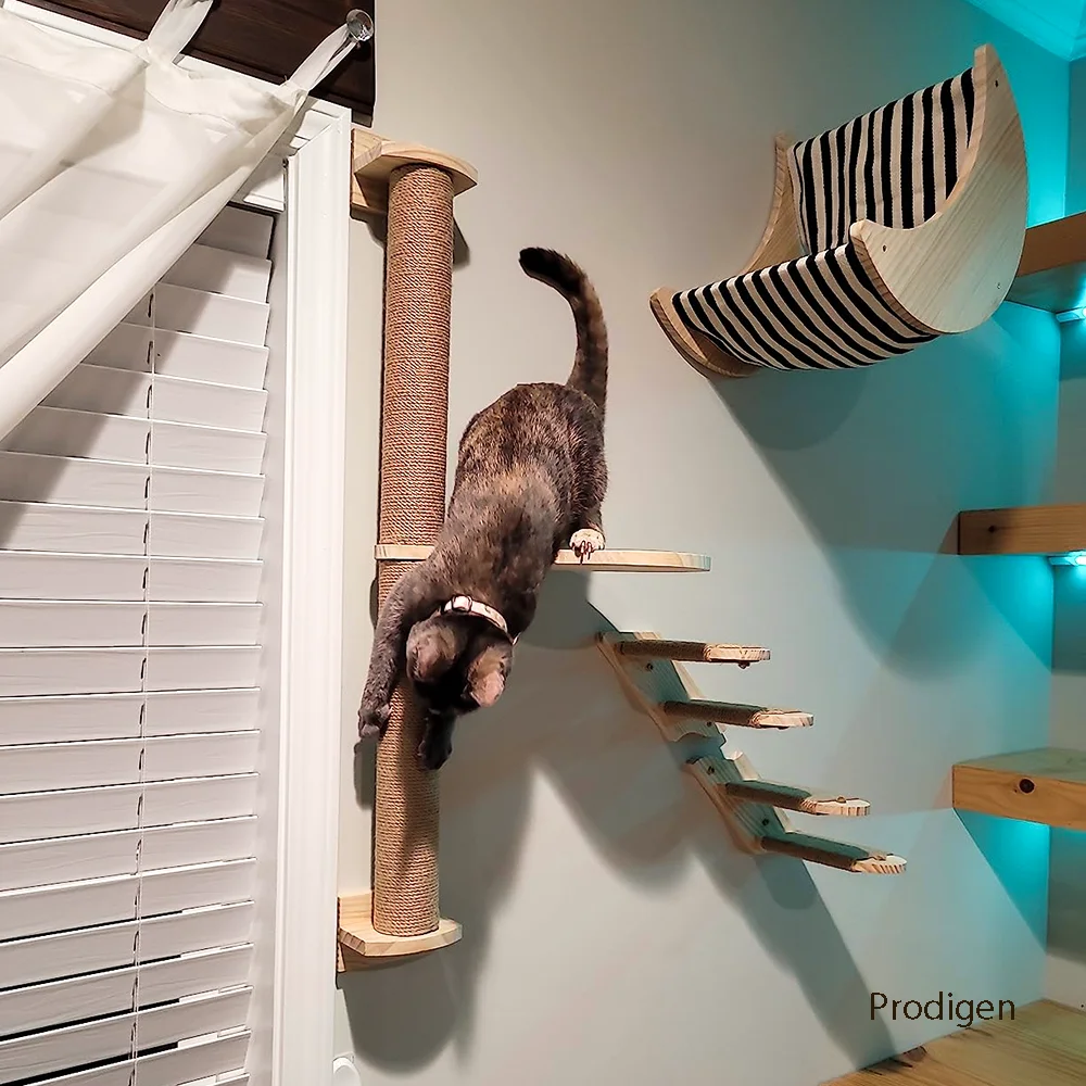 Wall Mounted Solid Wooden Cat Climbing Frame Hammock Scratching Post Shelf with Sisal Jumping Platform Ladder Steps Furniture