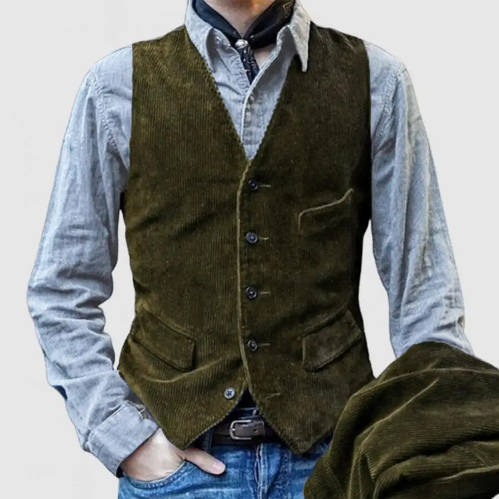 

Men Waistcoat V-Neck Sleeveless Single Breasted Vest Coat Slim Fit Corduroy Retro Style Waistcoat with Pockets Men's Clothing