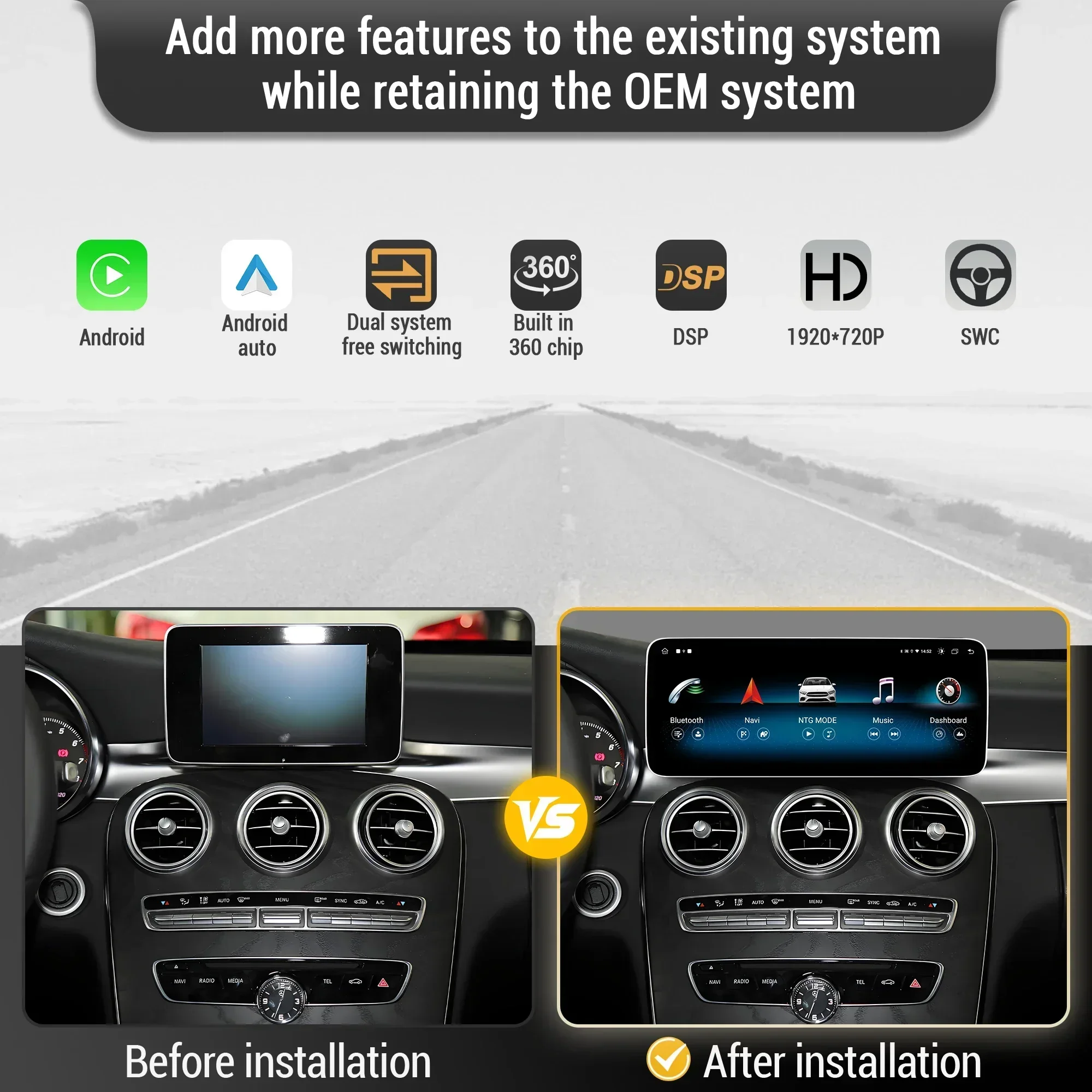 12.3inch Car Radio For Mercedes Benz C-Class W205 S205 2018-2020 Android 14 Wireless Carplay Snapdragon 685 SM6225 Touch Screen