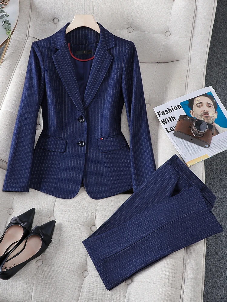 Blue Black Stripe Ladies Formal Pant Suit 2 Piece Set Women Female Autumn Winter Business Work Wear Jacket Blazer and Trouser