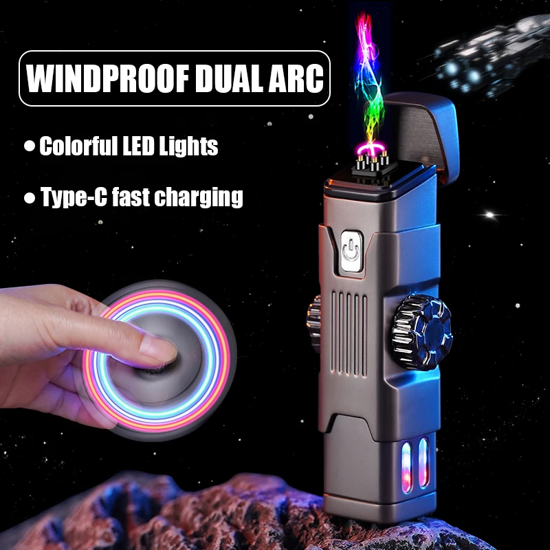 Windproof Double Arc Plasma Rotary Play  Lighter Alloy Body Type-C Fast Charging Color Light Exquisite Bearing  Gift