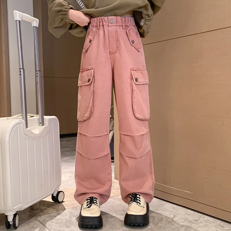 Girl's American retro handsome pink personalized large pocket straight leg wide leg work pants