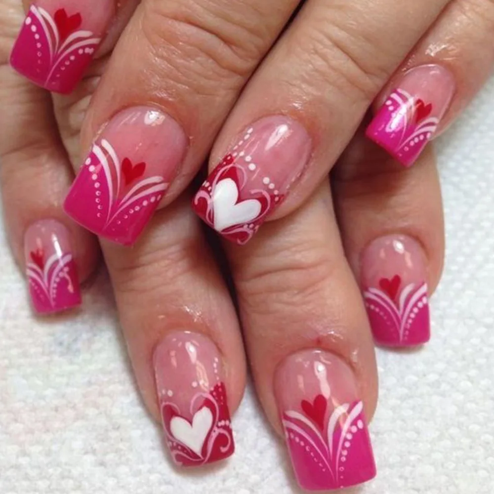 24 pçs imprensa em unhas vermelho francês com design de flor conjuntos de unhas falsas curto quadrado datchable unhas falsas acabamento arte manicure dicas