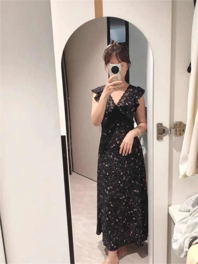 

Holiday Floral Print Long Dress Women's Midsummer Season Popular Item New Style A-Line Skirt High Waist Short Sleeve V-Neck