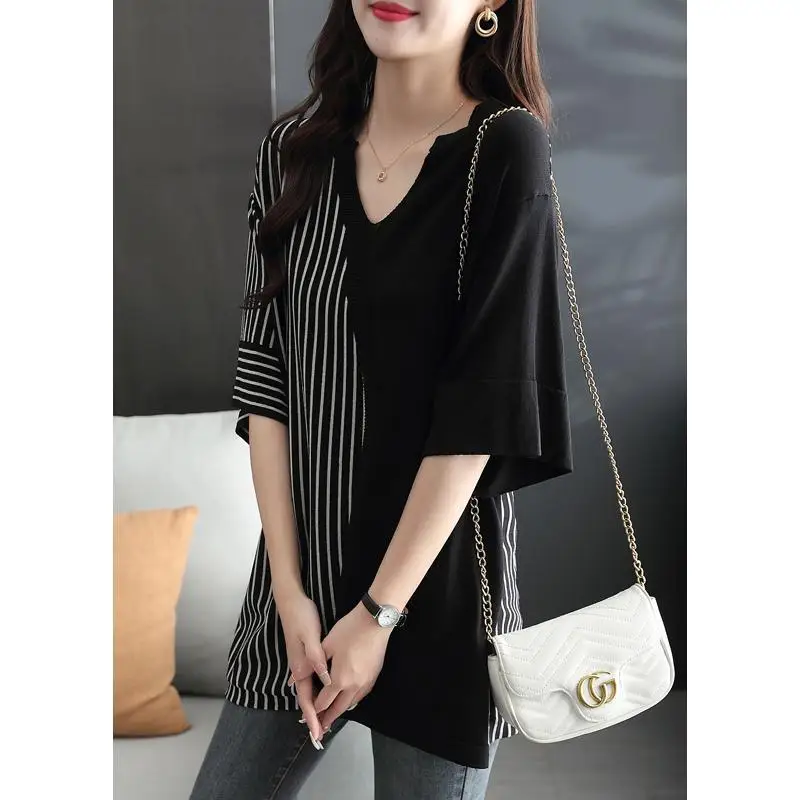 Fashion V-Neck Knitted Spliced Asymmetrical Striped Blouses Women's Clothing 2024 Summer New Loose Casual Tops Commuter Shirts