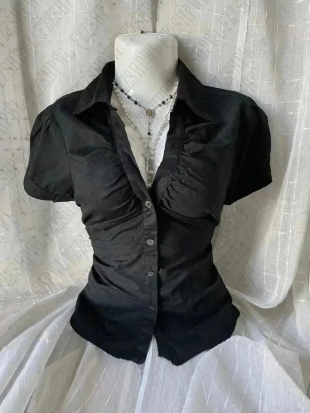 Y2K Aesthetic Slim Fit Blouse Ladies Turn Collar Short Sleeve Front Shirring V Neck Single Breasted Goth Harajuku Daily Shirt