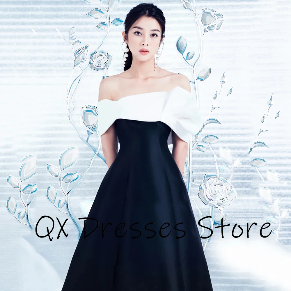 맞춤형 오프 숄더 대비 색상 이브닝 드레스 민소매 A 라인 새틴 파티 드레스 등이 없는 발목 길이 댄스 파티 드레스