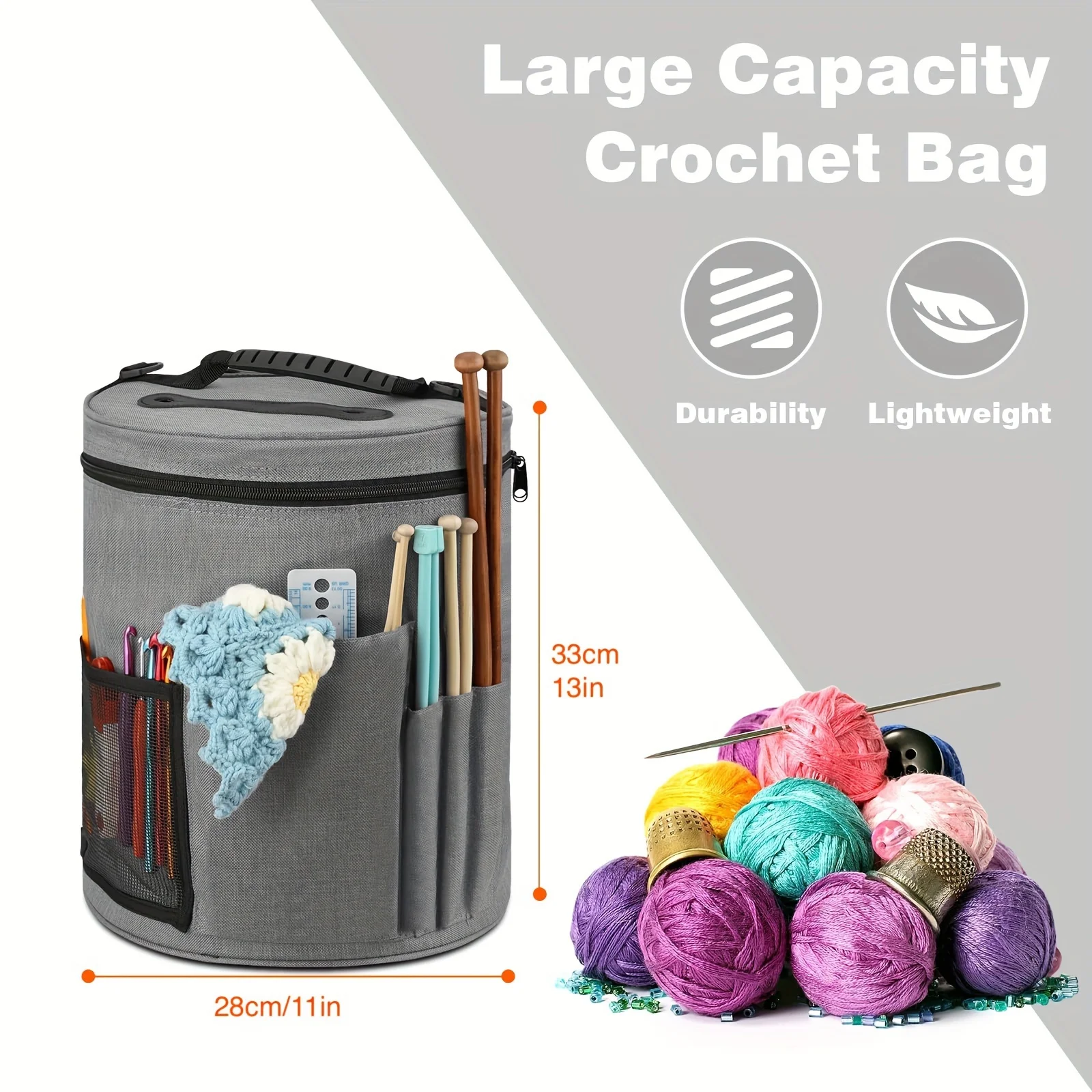 Large Capacity Crochet Bag: Yarn Storage, Knitting Needle Organizer, Crochet Tote Bag with Front Pocket for Yarn, Hooks, Needles
