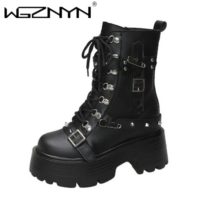 2024 Women Leather Punk Boots High Platform Chunky Sneakers Autumn 9CM Wedge Heels Mid-Calf Boots Woman Winter Motorcycle Boots