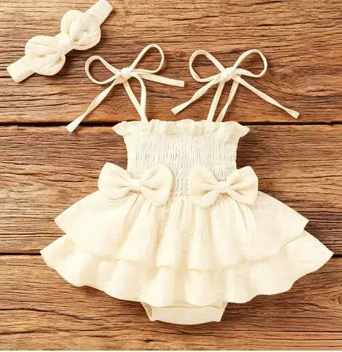 Sweet Newborn Girl Lace Rompers Tie-up Sleeveless Bodysuits Dress with Bowknot Hairband Summer Baby Clothes