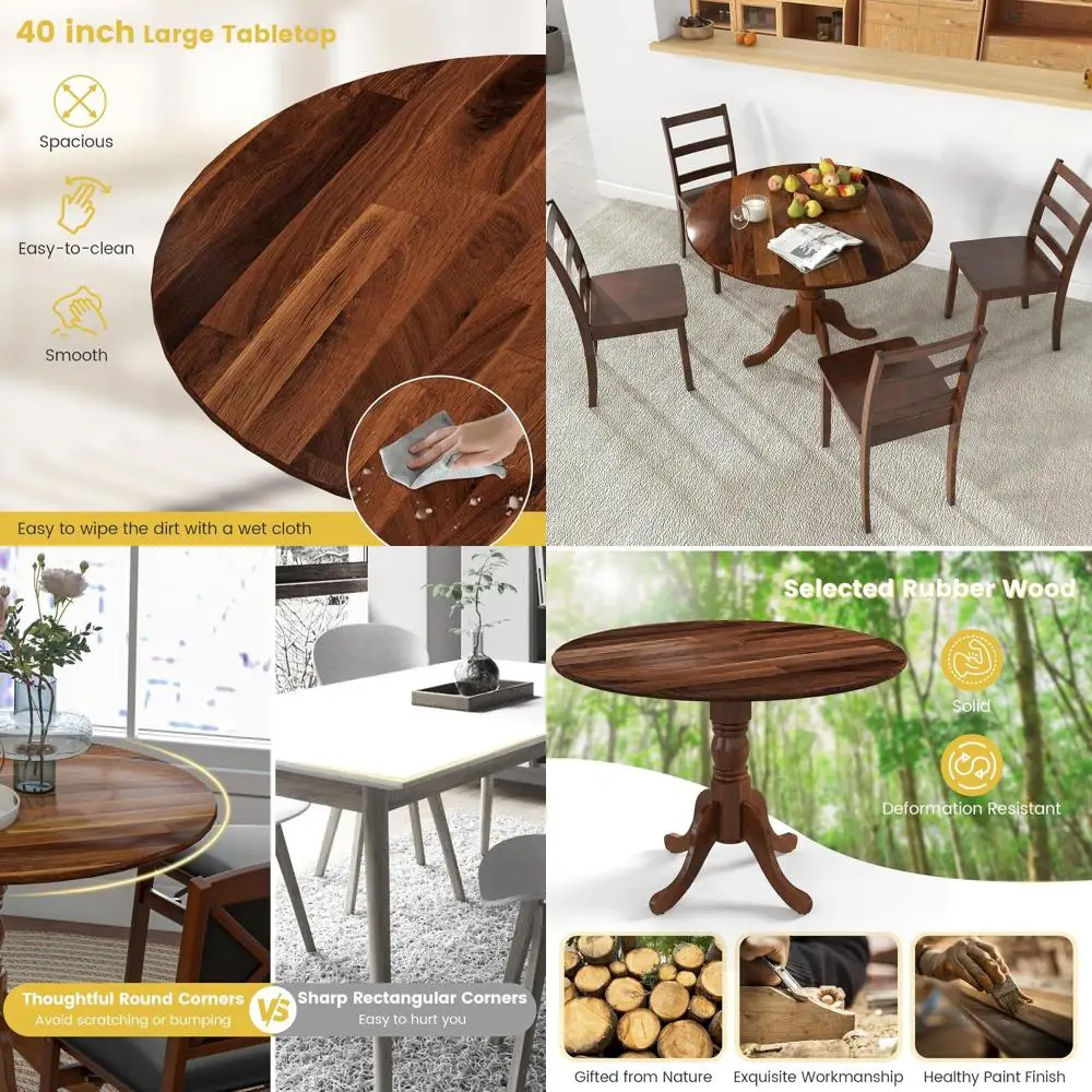 Walnut 39 Round Dining Table with Rubber Wood Pedestal, Curved Legs, Seats 4
