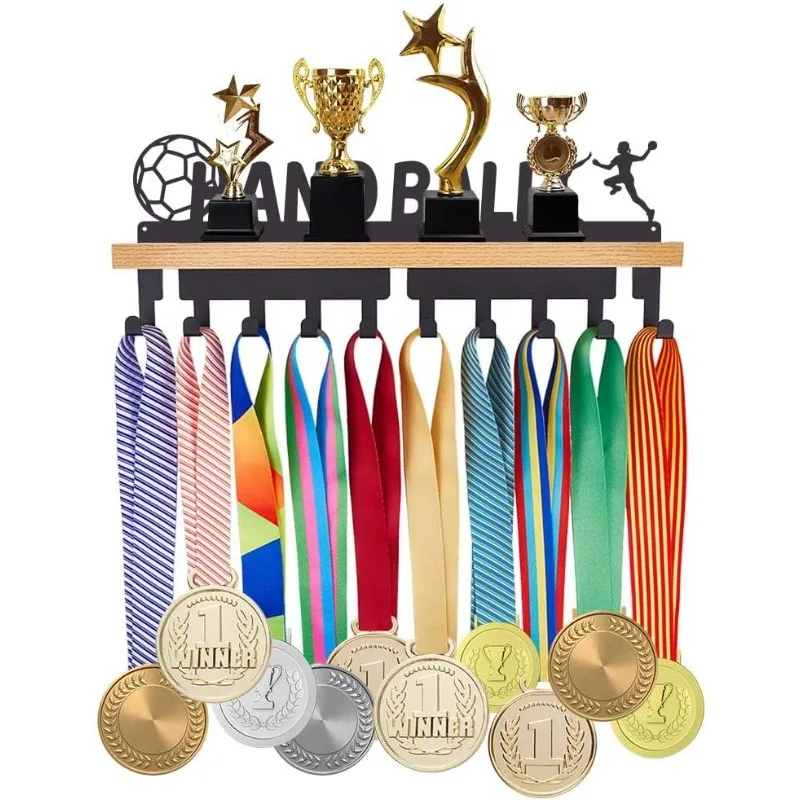 1 Set Handball Medal Holder Trophy and Medal Hanger Wooden Shelf Medal Display with 10 Hooks Sports Award Display Shelf