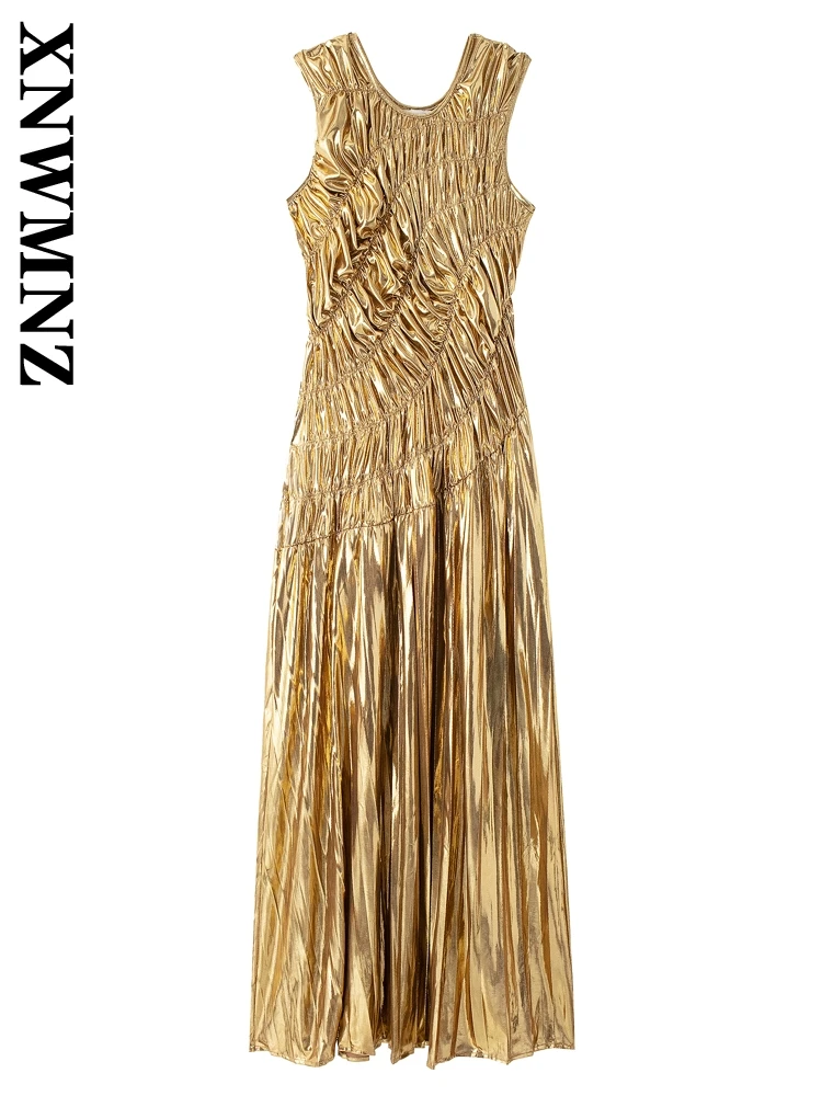 XNWMNZ Woman 2024 New Summer Fashion Satin Dress Female Chic Golden RUFFLES Dresses Top Maxi Skirt Sleeveless Party Women Wear