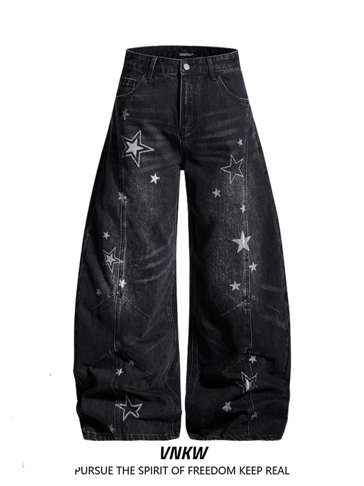 

Retro American High Street Distred Star Print Denim Jeans Loose Straight Cut Men's Faion Brand Vibe Workwear Trousers