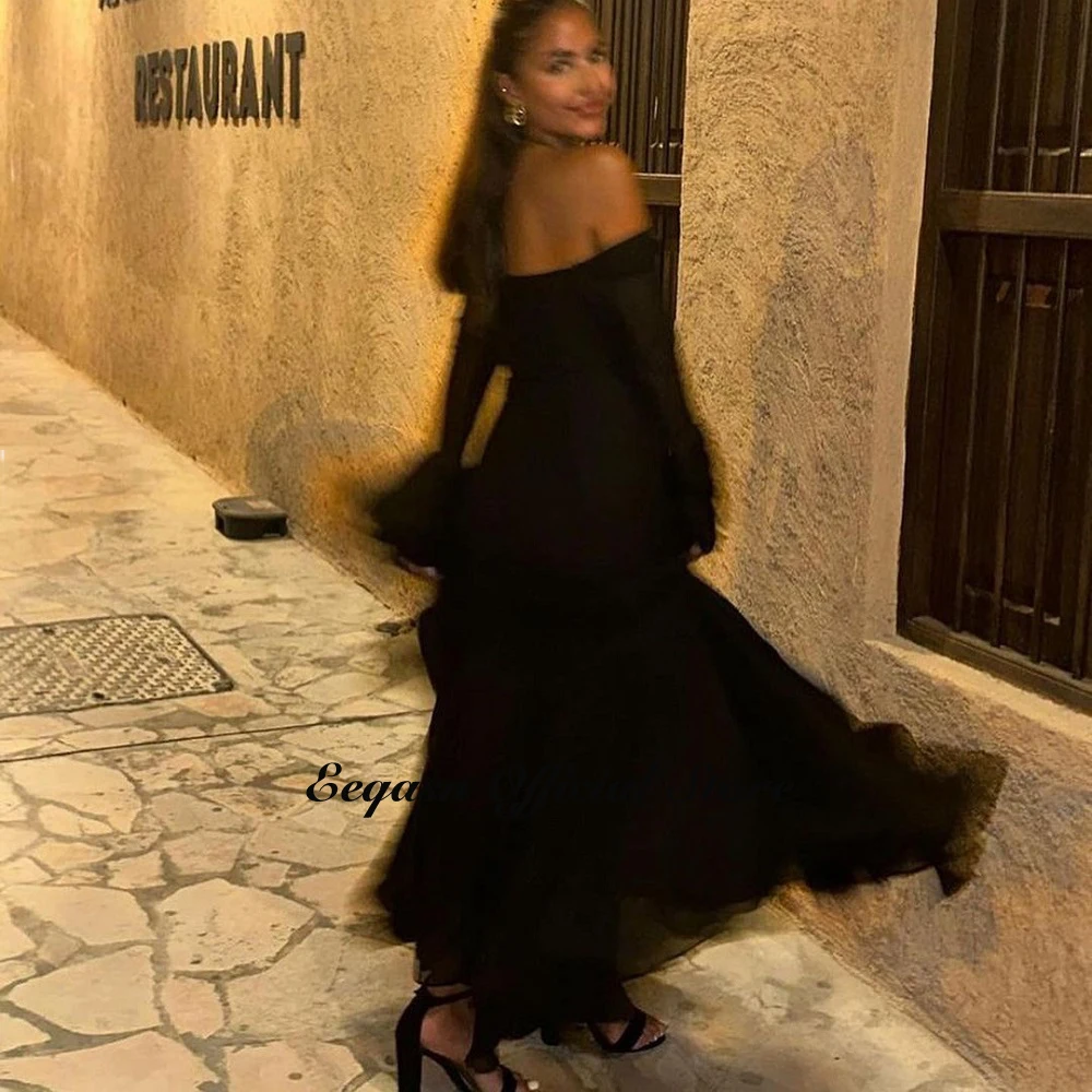 Black Sheath Evening Formal Dresses Strapless Customized Arabic Prom Party Dress Long Sleeves Dubai Arabia Occasion Gowns