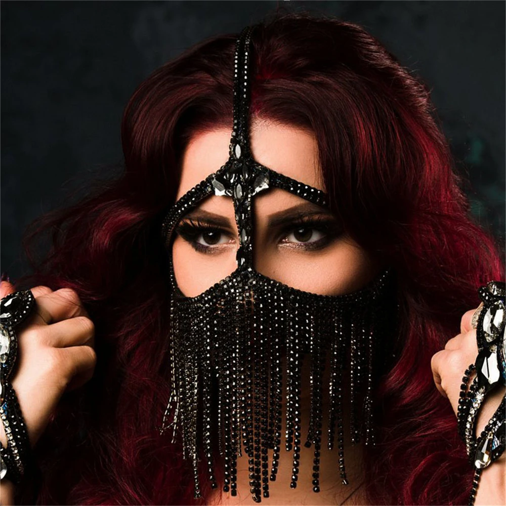 Fashion Crystal Rhinestone Facial Black Tassel Mask Women Nightclub Dance Party Facial Jewelry Accessories