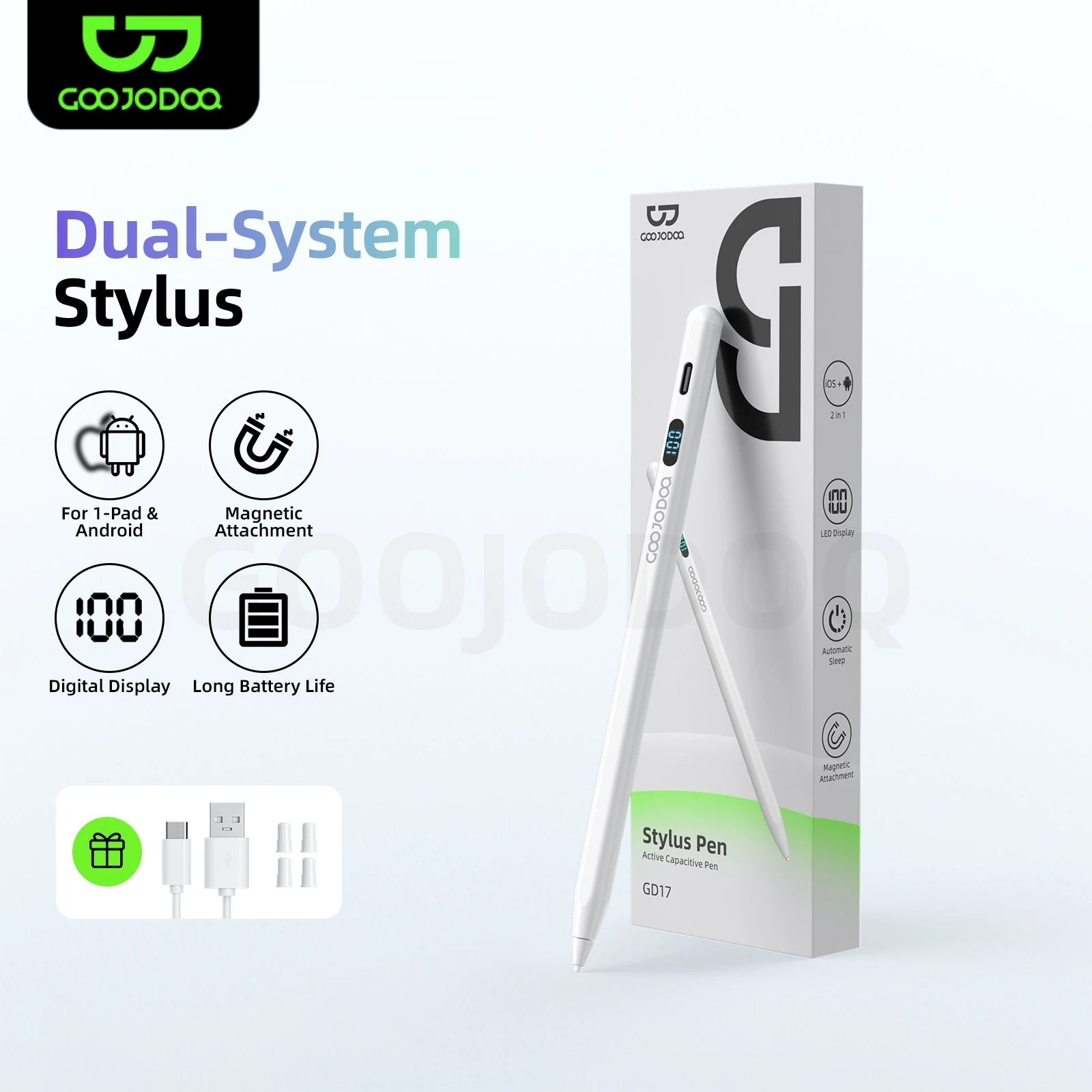 GOOJODOQ GD017 2 in1 Dual system Stylus Pen Universal for IPad and Android Systems Clear Digital Display Magnetic Suction