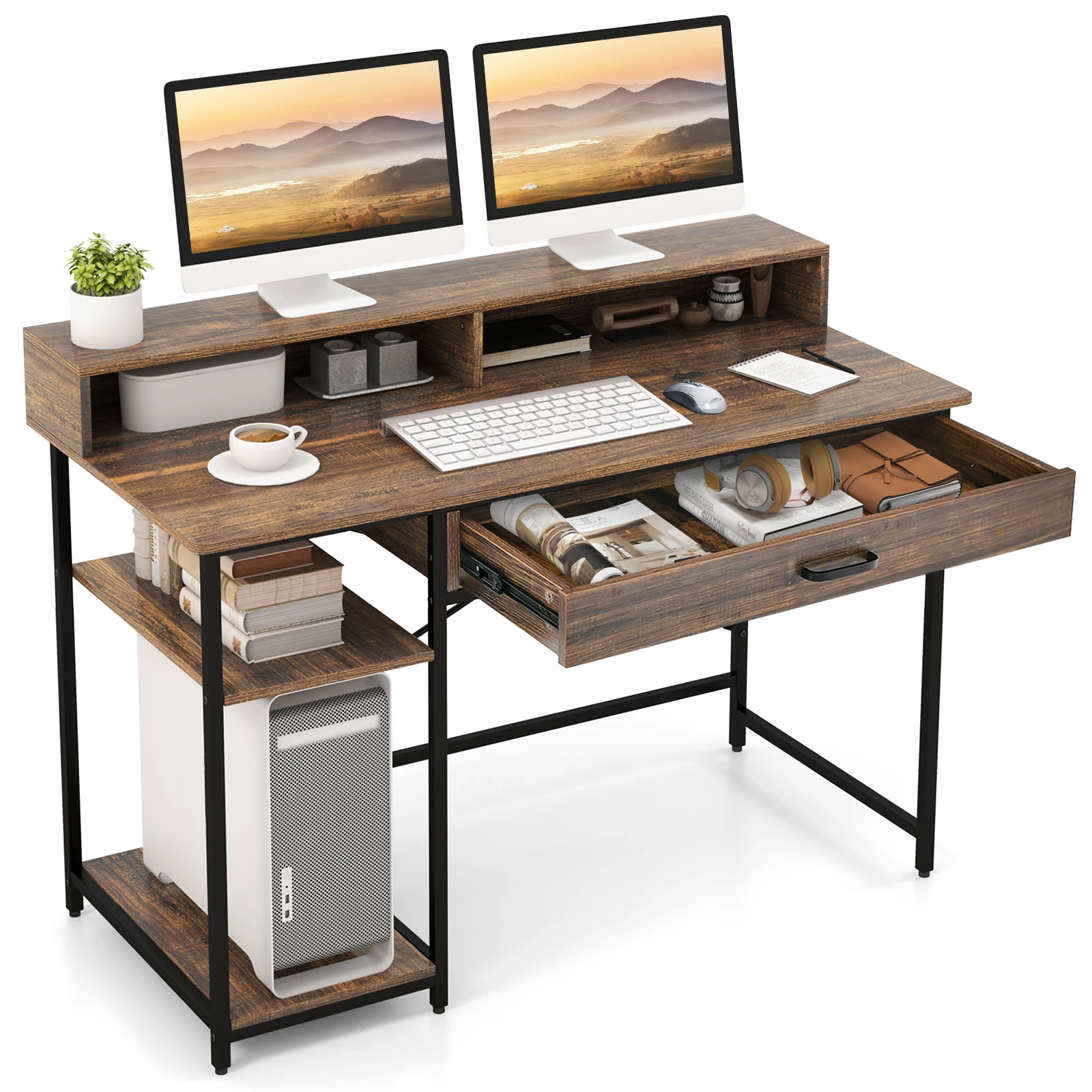 Desk with drawer, monitor stand & 2 open shelves, computer table with metal frame, PC table, office table