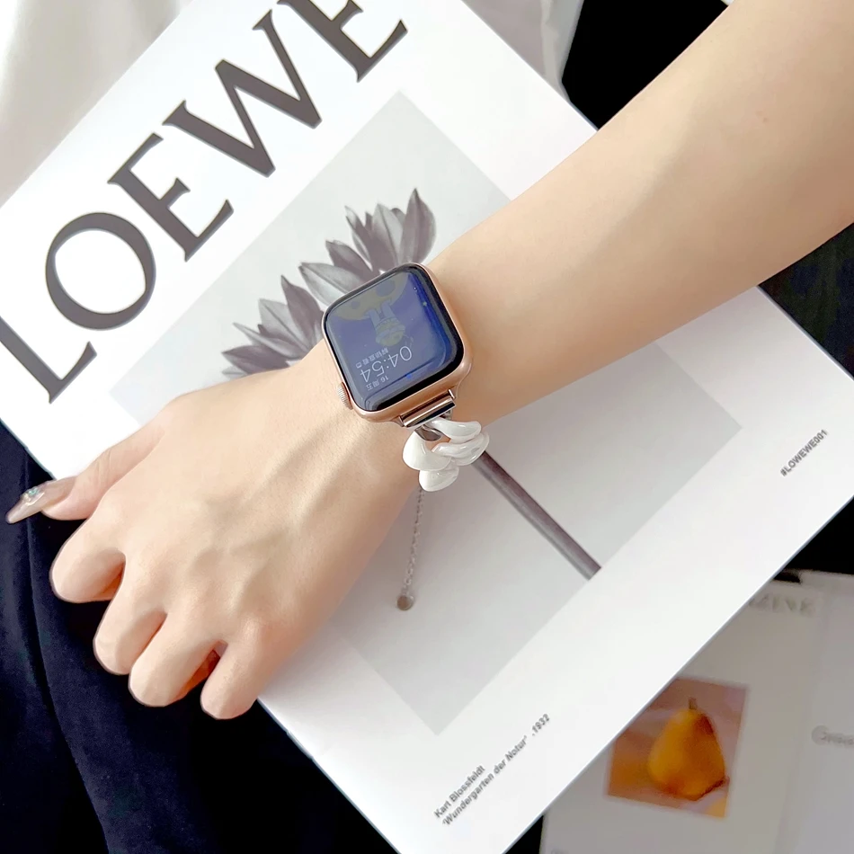 Pasek do Apple Watch Ultra 49mm iWatch Series 8 7 6 SE 5 4 38/40/41mm 42/44/45mm, modowa opaska INS z ceramiki i metalu z bransoletką łańcuszkową