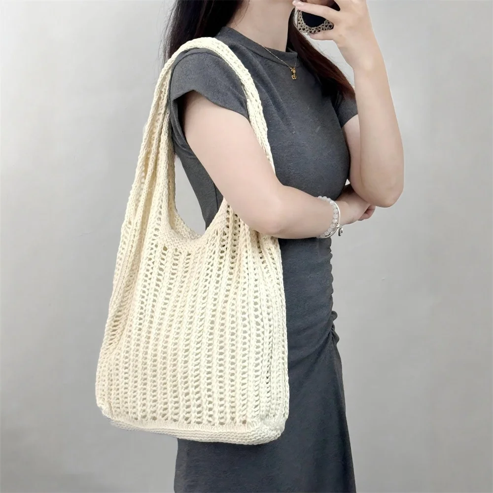 

Сумка с вырезами, однотонная, вязаная, на плечо, большой вместимости, универсальная, плетеная, для шопинга, путешествий, пляжного отдыха